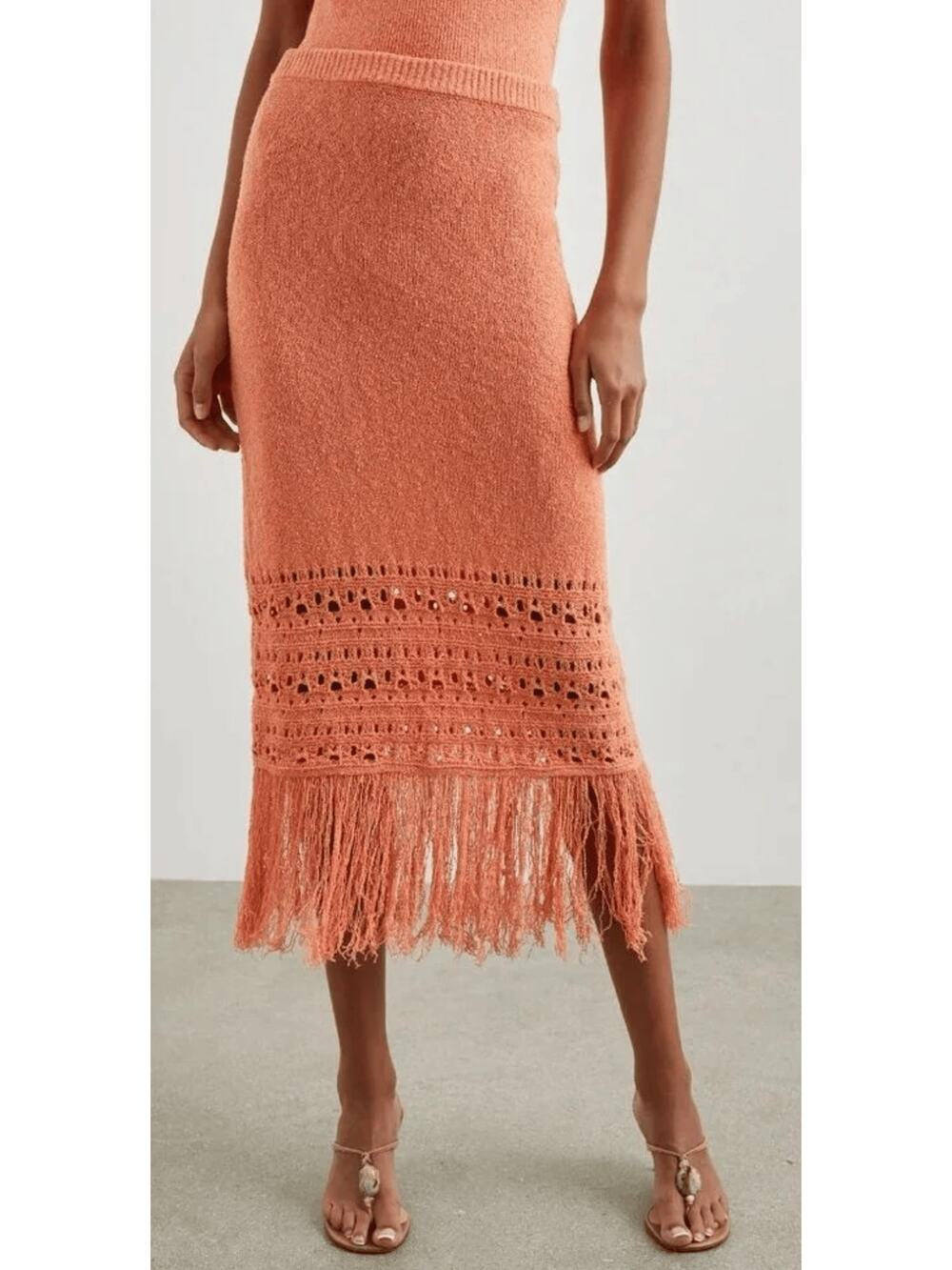 Rails Kaja Peach Persimmon Knit Crochet Fringe Midi Skirt Vacation Resort